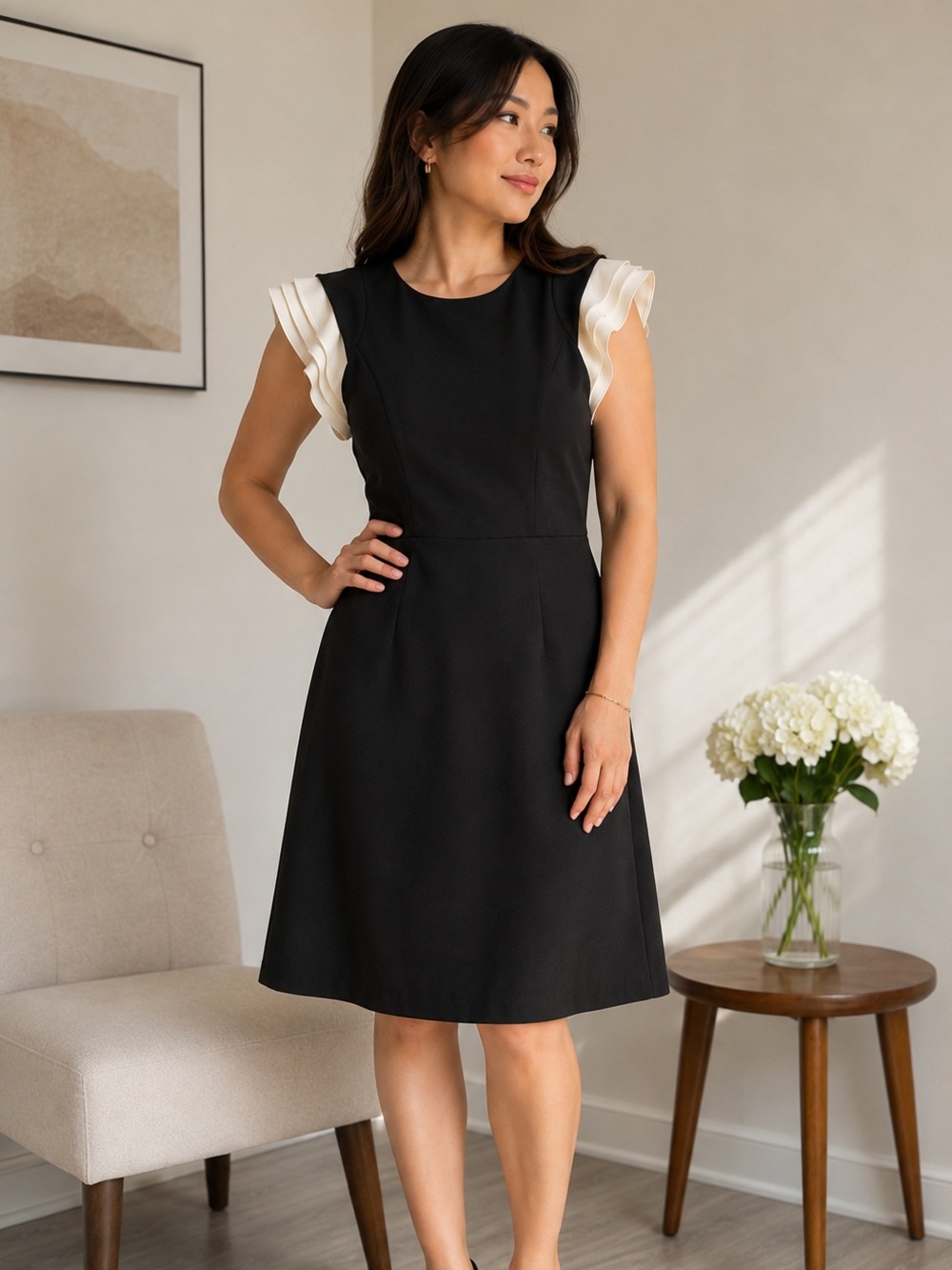 Halston Heritage Black Midi Dress with Cream Ruffle Sleeves